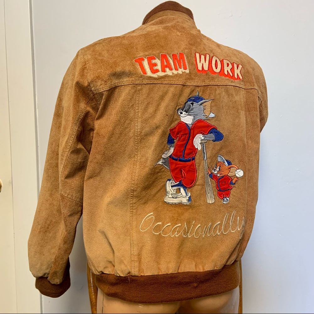 Vintage Tom & Jerry ‘Teamwork’ Embroidered Suede Bomber